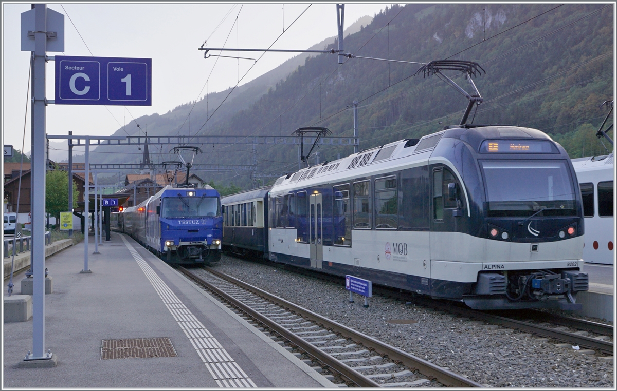 In the early morning in Montbon are waiting his departure the MOB Ge 4/4 8001 with his GoltenPass Expess to Interlaken and the Alpina 9002 wiht his Belle Epoque Service to Montreux. 

24.08.2023