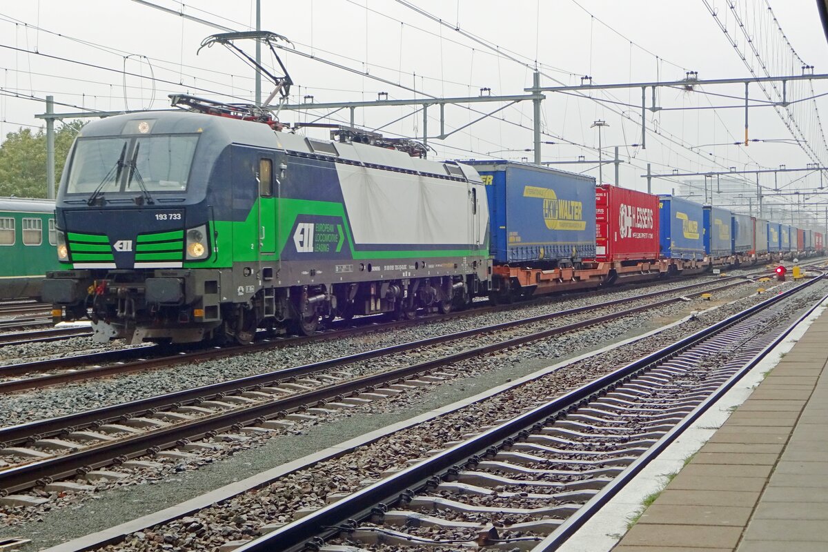 In the pouring rain, LTE 193 733 stands in Nijmegen with the Rzepin intermodal shuttle on 1 November 2019. Shot from 'my' train.