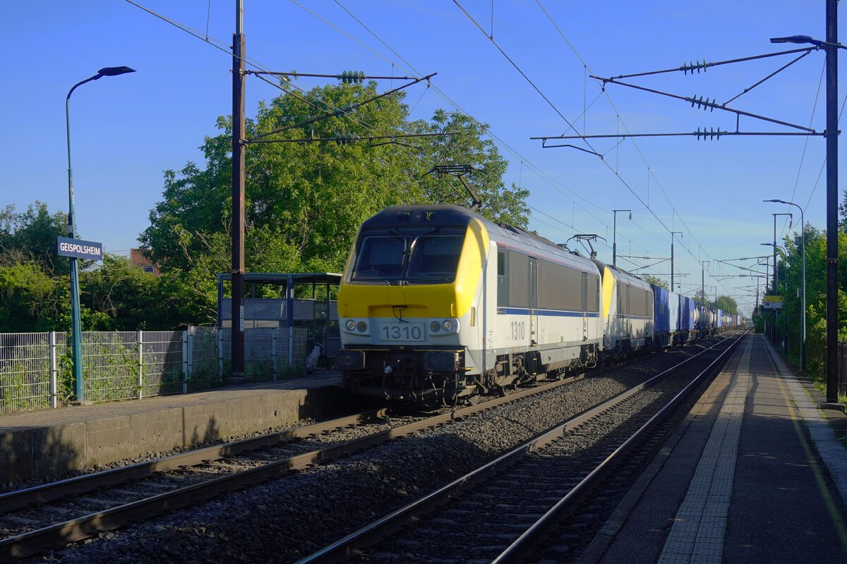 Interloper: Lineas 1310 hauls a container train through Geispolsheim on 22 May 2026. 