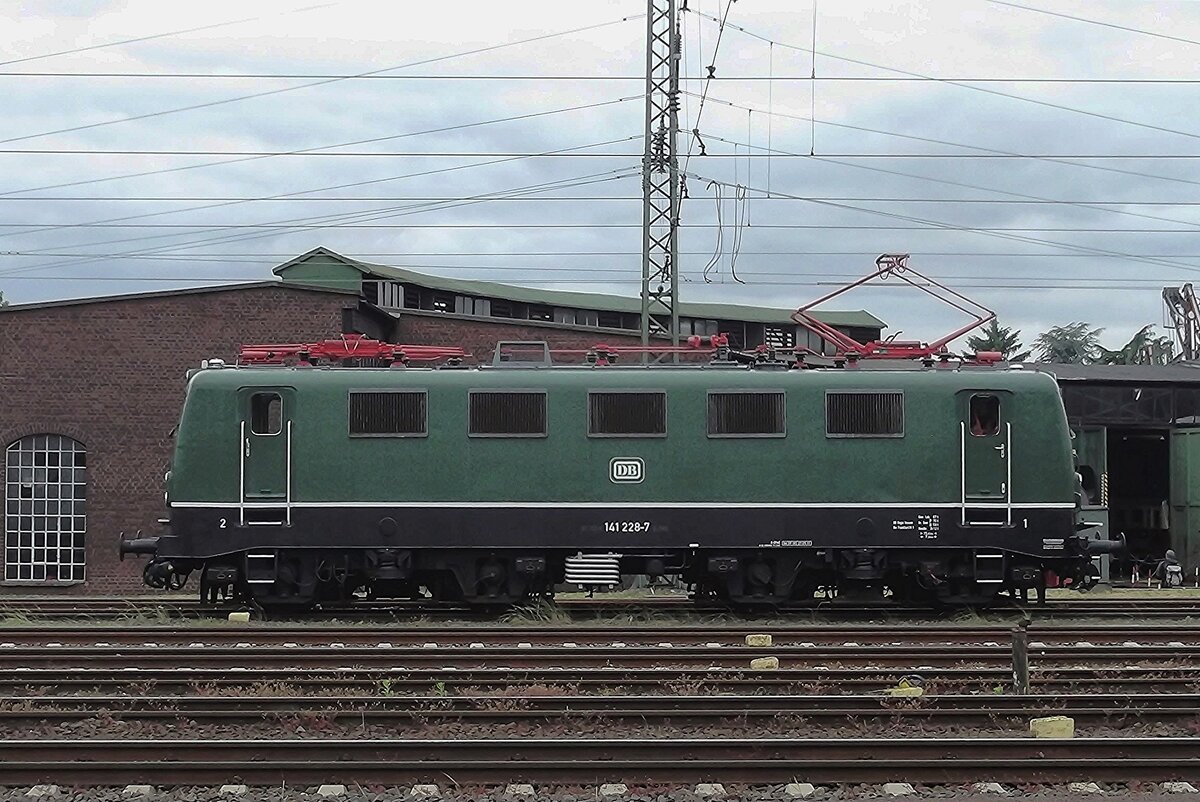 Knallfrosch 141 228 runs light at the Bahnwelt Darmstadt-Kranichstein on 30 May 2014.