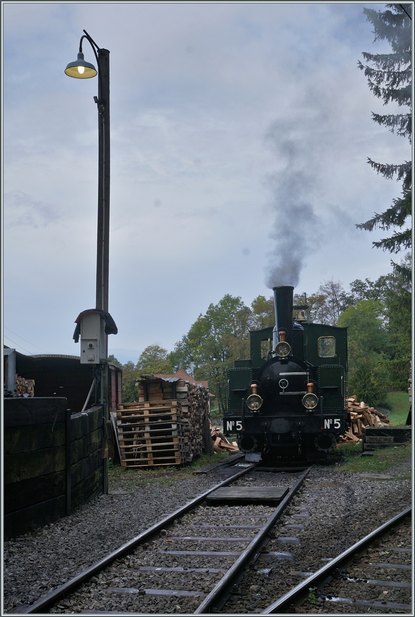  La DER de la Saison 2023  - the somewhat cloudy weather on Saturday also had its advantages, as it conjured up an attractive atmosphere during the locomotive treatment of the B-C in Chaulin. Thanks to the image editing program, the lamp, which has been crooked for years, appears quite straight, at least in this picture.
On the right in the picture is the LEB G 3/3 N° 5, which will be supplied with coal and later water.

Oct 28, 2023