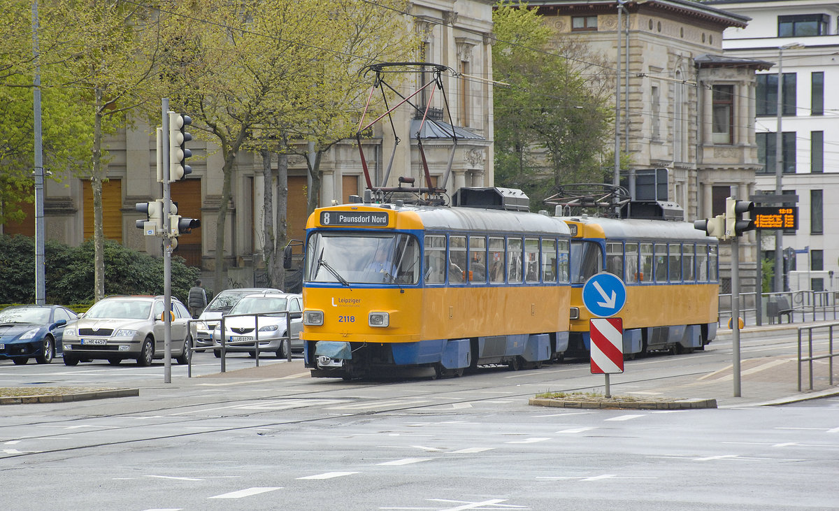 Leipziger Verkehrsbetriebe Line 8 direction Paunsdorf Nord Tram 2118. Date: April 29th 2017.