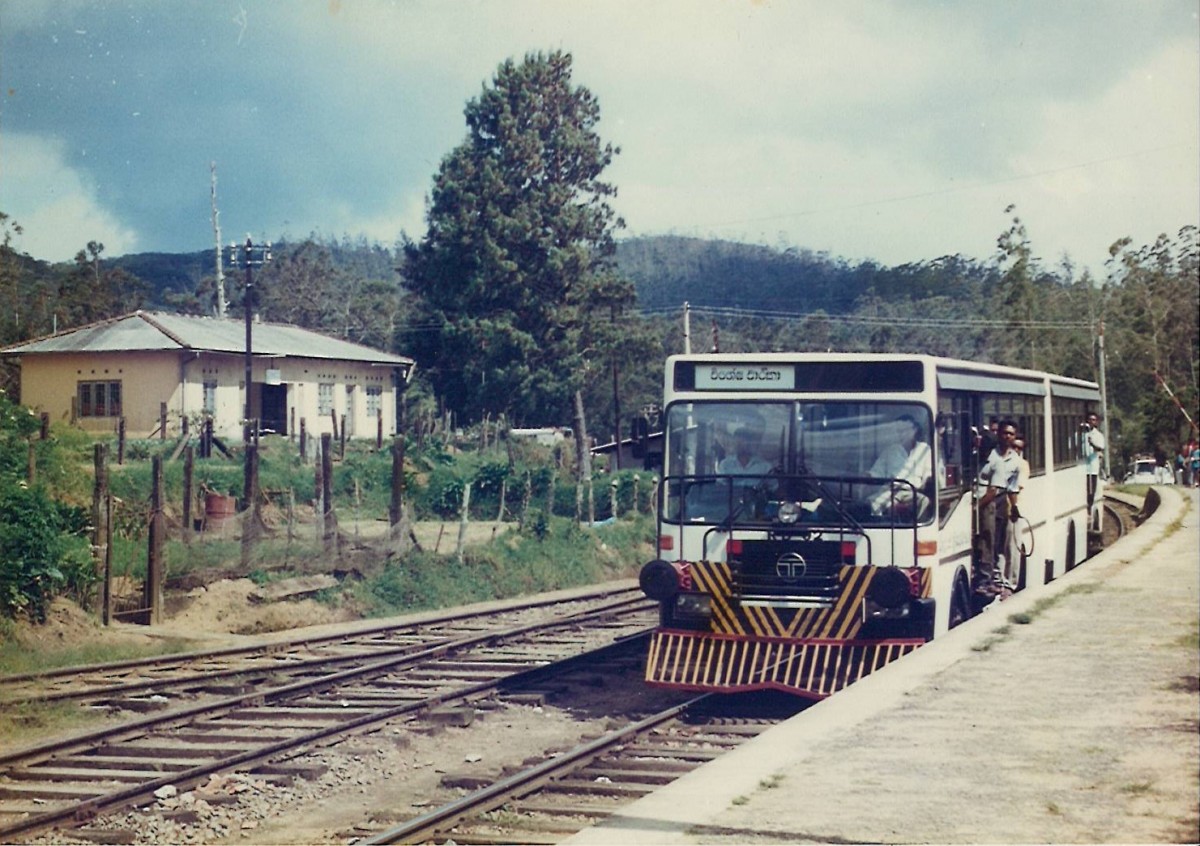 Locally developed rail buses were tested by SLR. One set is made out of two road passenger motor buses connected to run from both ends like a DMU. Amazingly this was seen at Pattipola, the highest rail station in the country ( 6000 feet Above Mean Sea Level) on an excursion tour few years ago. Few units are deployed in remote less demand routes but not on the hill country line due to low power genaration on engines. Picture was taken in year 2000 summer.