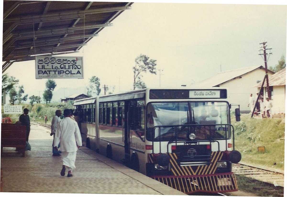 Locally developed rail buses were tested by SLR. One set is made out of two road passenger motor buses connected to run from both ends like a DMU. Amazingly this was seen at Pattipola, the highest rail station in the country ( 6000 feet Above Mean Sea Level) on an excursion tour few years ago. Few units are deployed in remote less demand routes but not on the hill country line due to low power genaration on engines. Picture was taken in year 2000 summer.