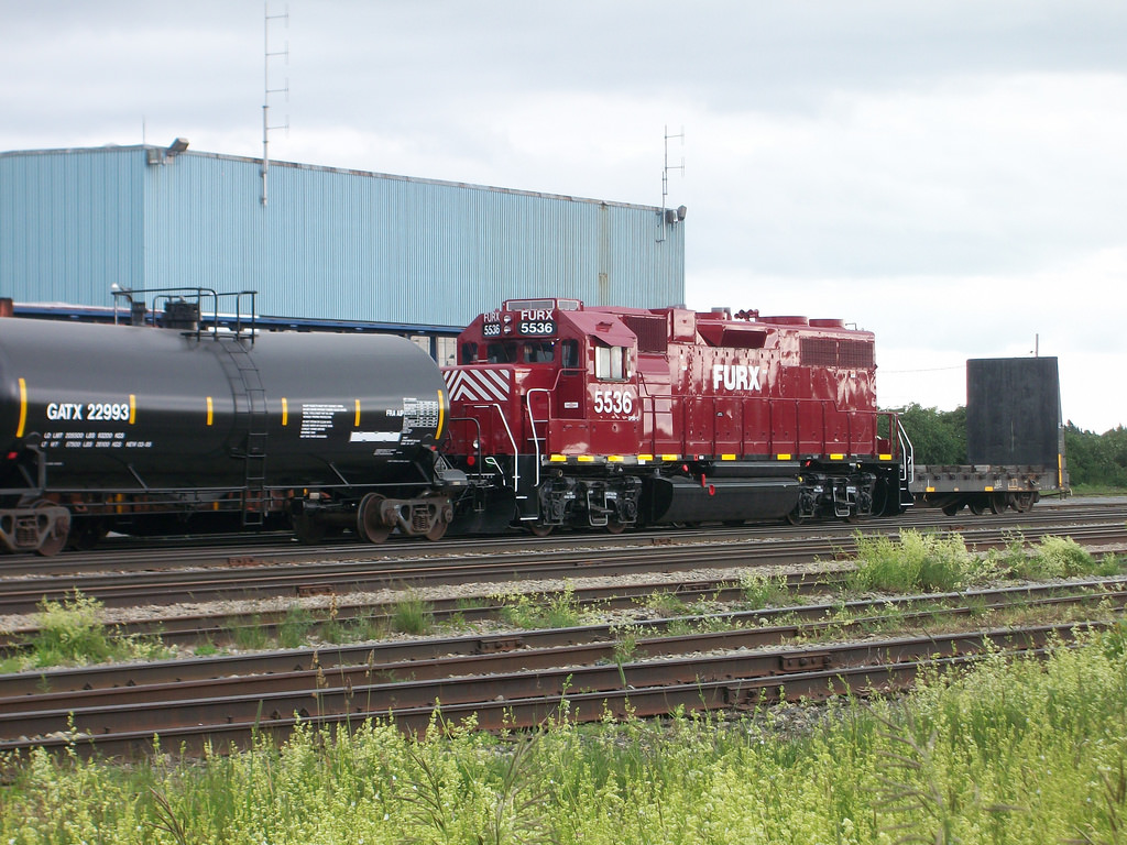 Locomotive FURX 5536 GP38-2 (ex Norfolk Southern) sitting in Mont-Joli yard. Picture taken on Avenue De La Gare, Mont-Joli, Québec, Canada 2017-07-01