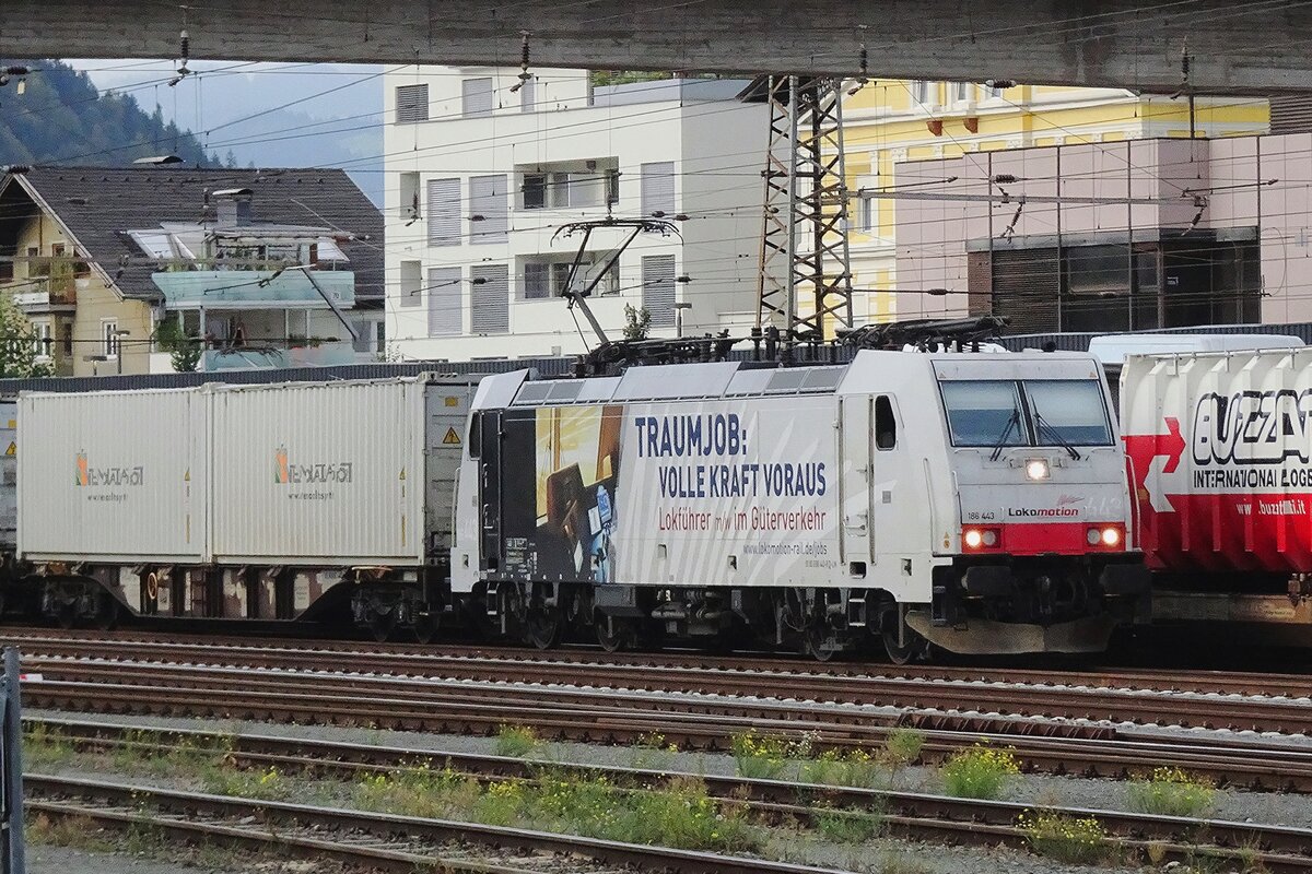 Lokomotion 186 443 still looks for new loco drivers whilst entering Kufstein on 21 September 2021.