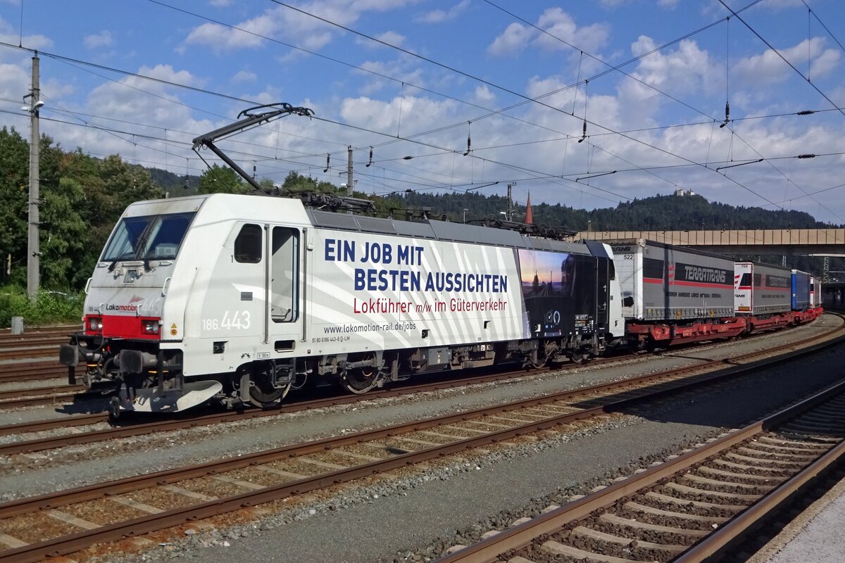 Lokomotion tries to attrack new loco drivers with an advertising livery on 186 443, seen on 19 September 2019 ready for departure. 
