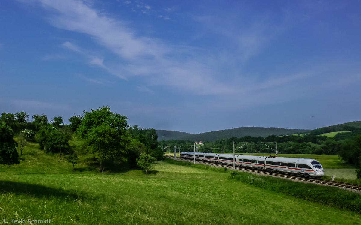 Long distance train ICE 1506 (Munich - Berlin) is approaching its next stop at Jena Paradies near Kahla. (17 June 2013)