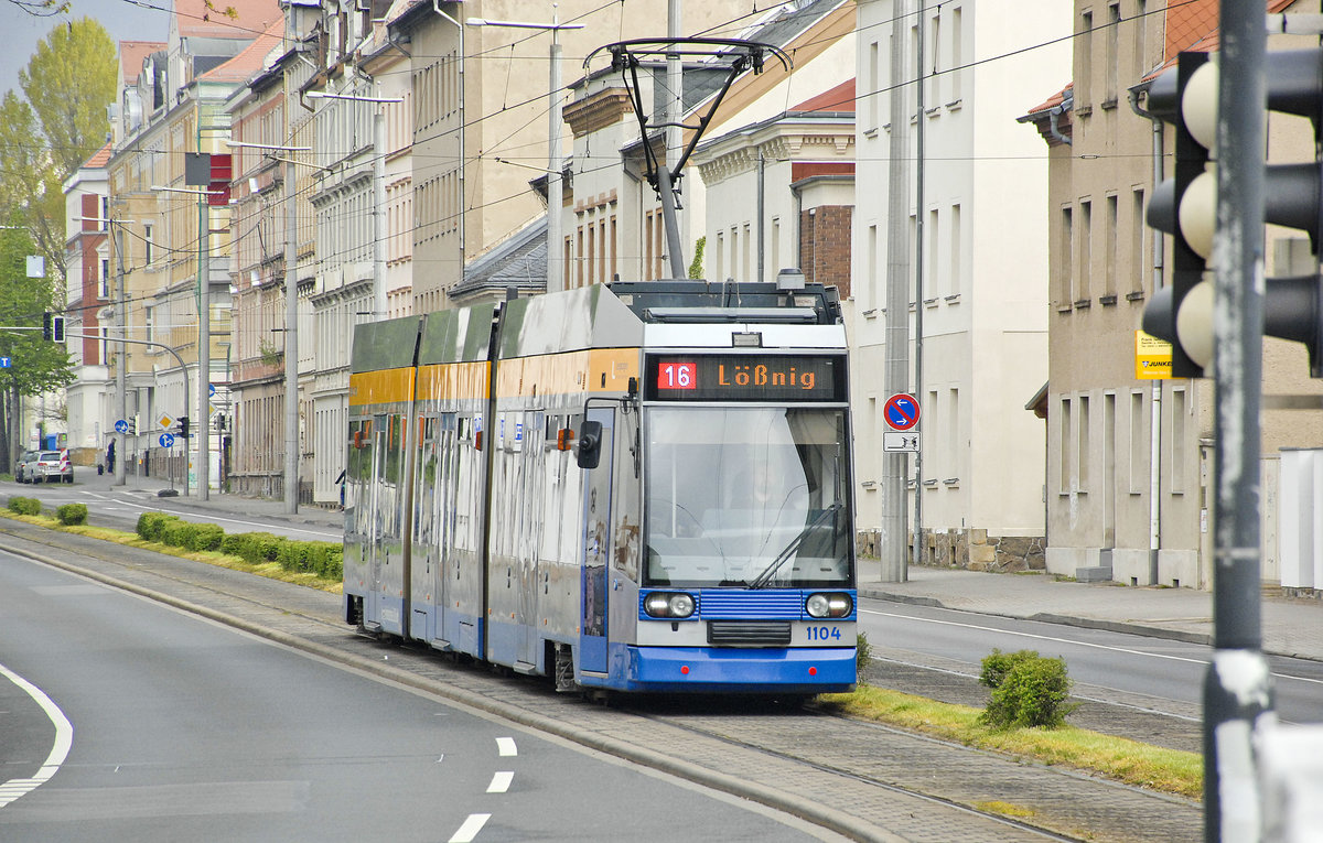 LVB 1104 Line 16 direction Lößnig in Delitzscher Straße in leipzig. Date: April 29th 2017.