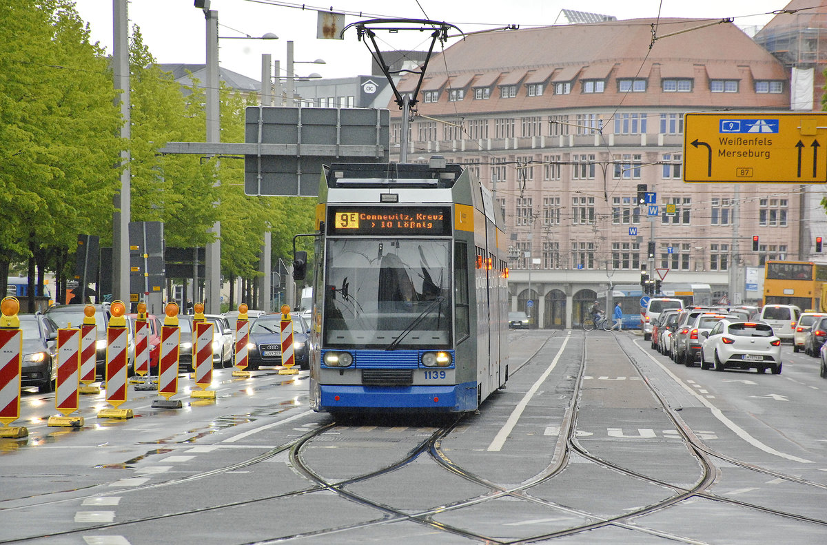 LVB 1139 Line 9E direction Lößnig at Goerdelerring in Leipzig. Date: April 29th 2017.