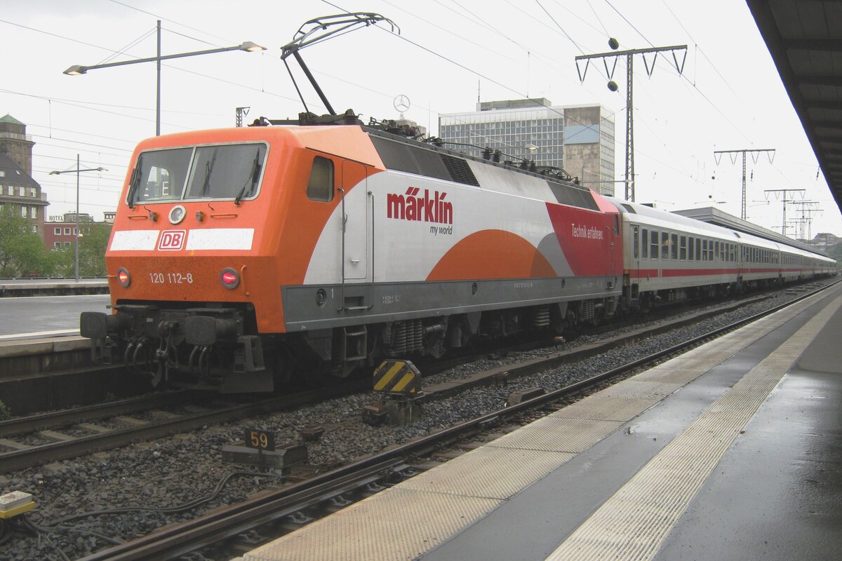 'Märklin -my world  declares 120 112 at the rear end of an IC service at Essen Hbf on 11 May 2012.