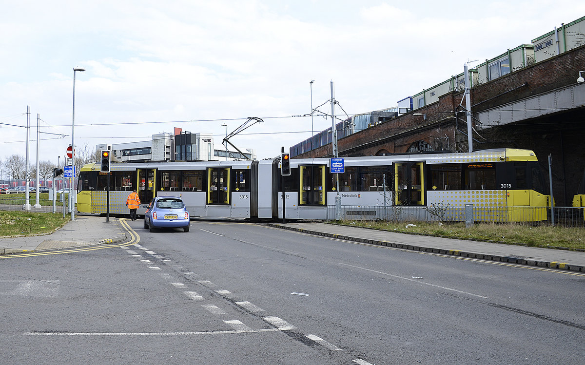 Manchester Metro Link Tram 3015 (Bombardier M5000) at Sheffield Street. 
Date: 11. march 2018.