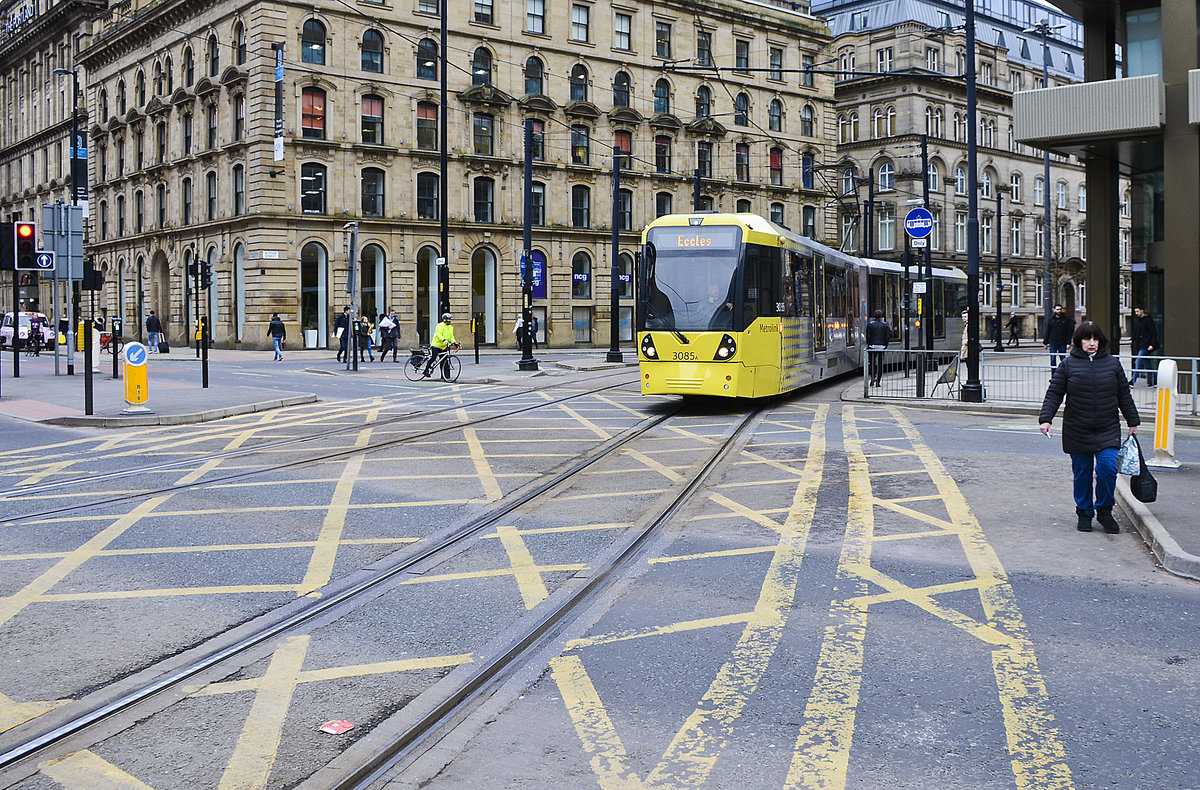 Manchester Metro Link Tram 3085 (Bombardier M5000) on the line Piccadilly - Eccles.
Date: March 11, 2018.