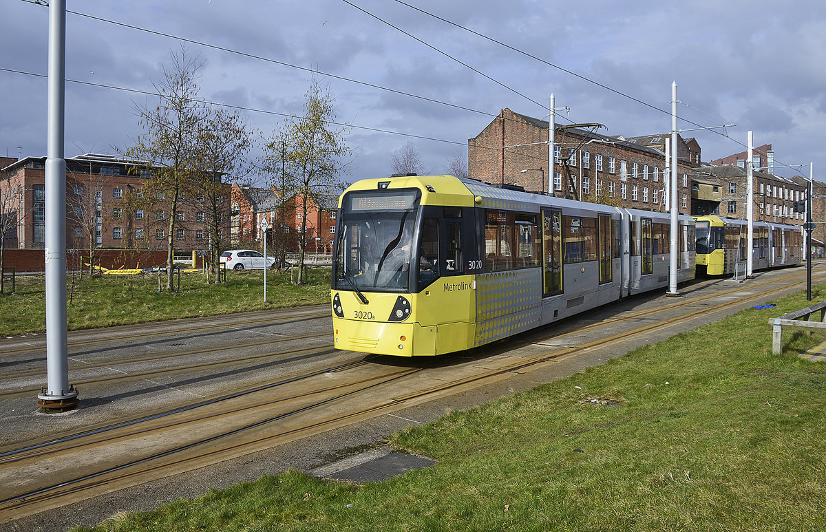 Manchester Metrolink Tram 3020 (Bombardier M5000) doing a turn back to the Manchester Piccadilly Station. Date: 11. march 2018.