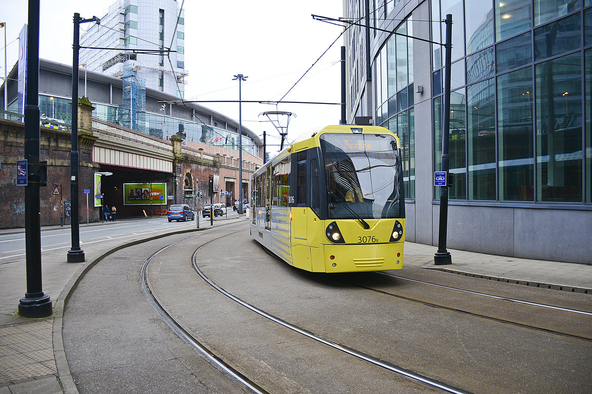 Manchester Metrolink tram 3076 (Bombardier M5000) at Manchester Piccadilly Station. Date: 11. march 2018.