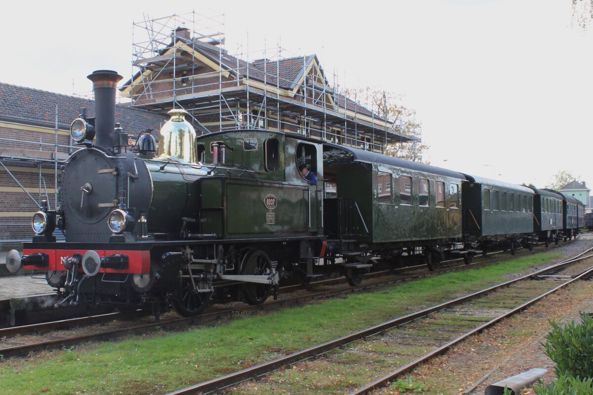 MBS, ex-NS 8107 stands ready for departure with a steam shuttle train to Boekelo at Haaksbergen on 14 October 2023.