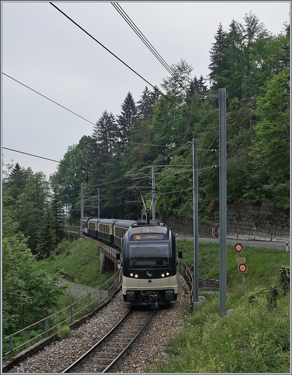 MOB ABe 4/4 an Be 4/4 (Serie 9000) with a Belle Epoque Service from Montreux to Zweisimmen between Sendy-Sollard and Les Avants.

16.05.2020