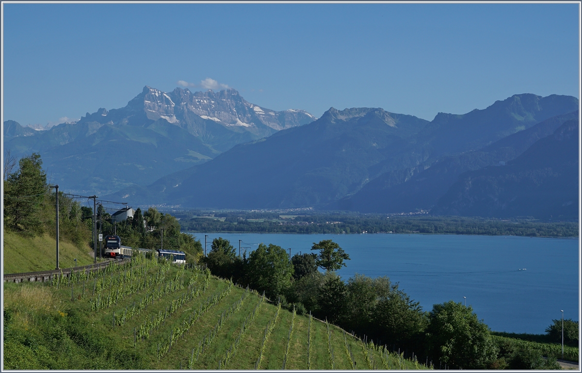 MOB Alpina ABe 4/4 and Be 4/4 with his MOB Belle Epoque Service from Montreux to Zweisimmen between Planchamp and Châtelard VD. In the background the Lake Geneva and the Dents de Midi. 

25.05.2020