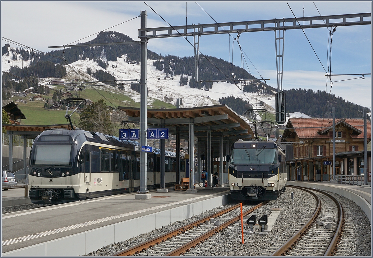 MOB Alpina and Ge 4/4 (Serie 8000) in Château d'Oex.
02.04.2018