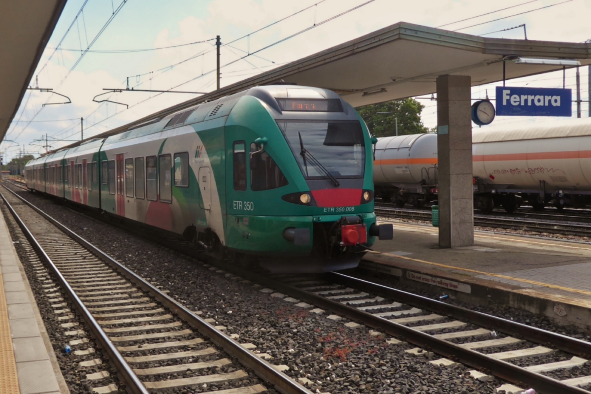 Multiple unit ETR 350 008 stops on the platform at Ferrara station. May 8th, 2025.