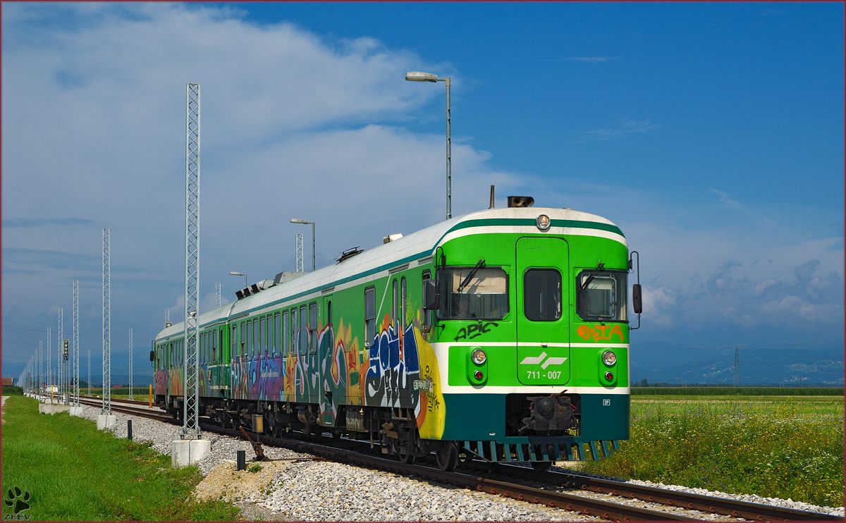 Multiple units 711-007 run through Cirkovce-Polje on the way to Murska Sobota. /29.7.2014