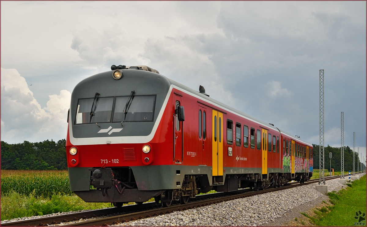 Multiple units 713-102 run through Cirkovce-Polje on the way to Maribor. /5.8.2014