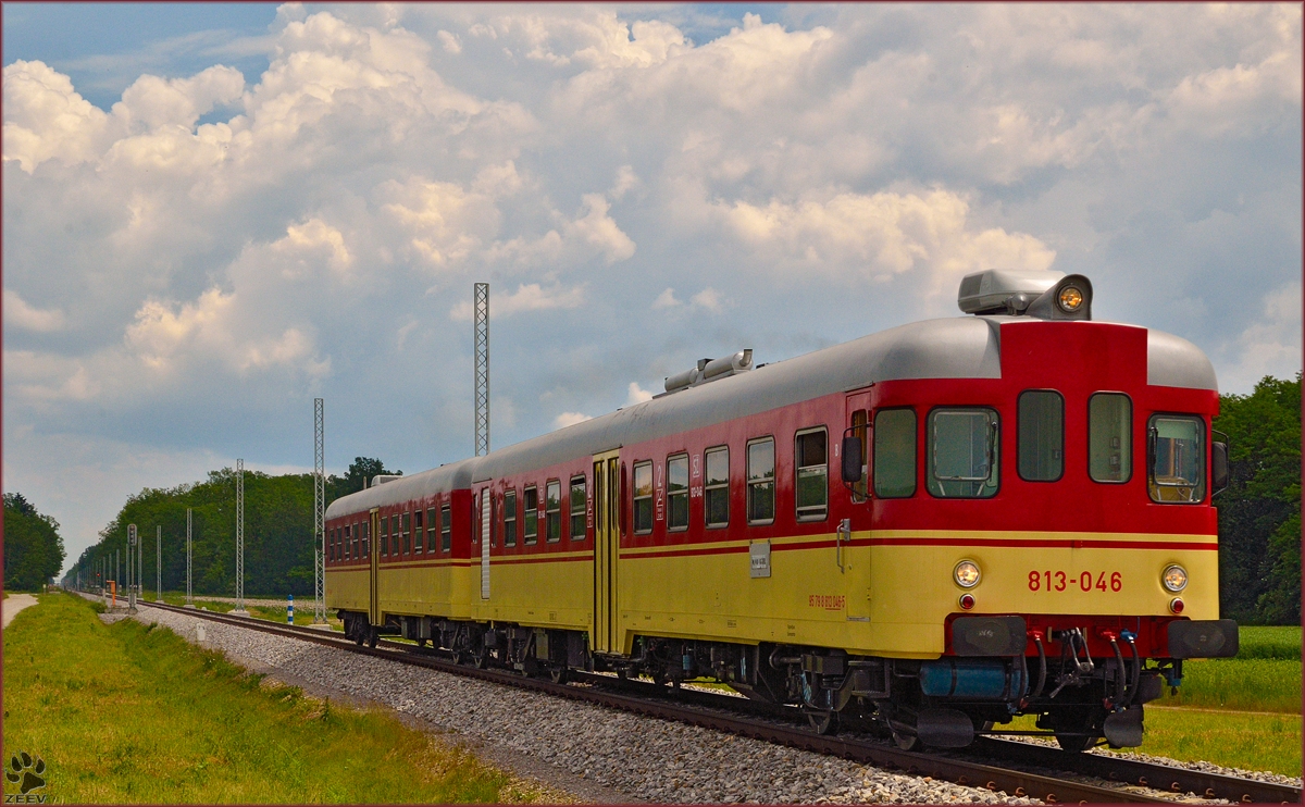 Multiple units 813-046 are running through Cirkovce-Polje on the way to Maribor. /3.6.2014