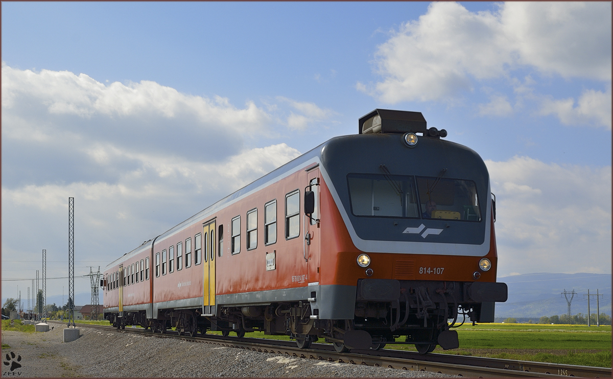 Multiple units 814-107 are running through Cirkovce on the way to Murska Sobota. /11.4.2014