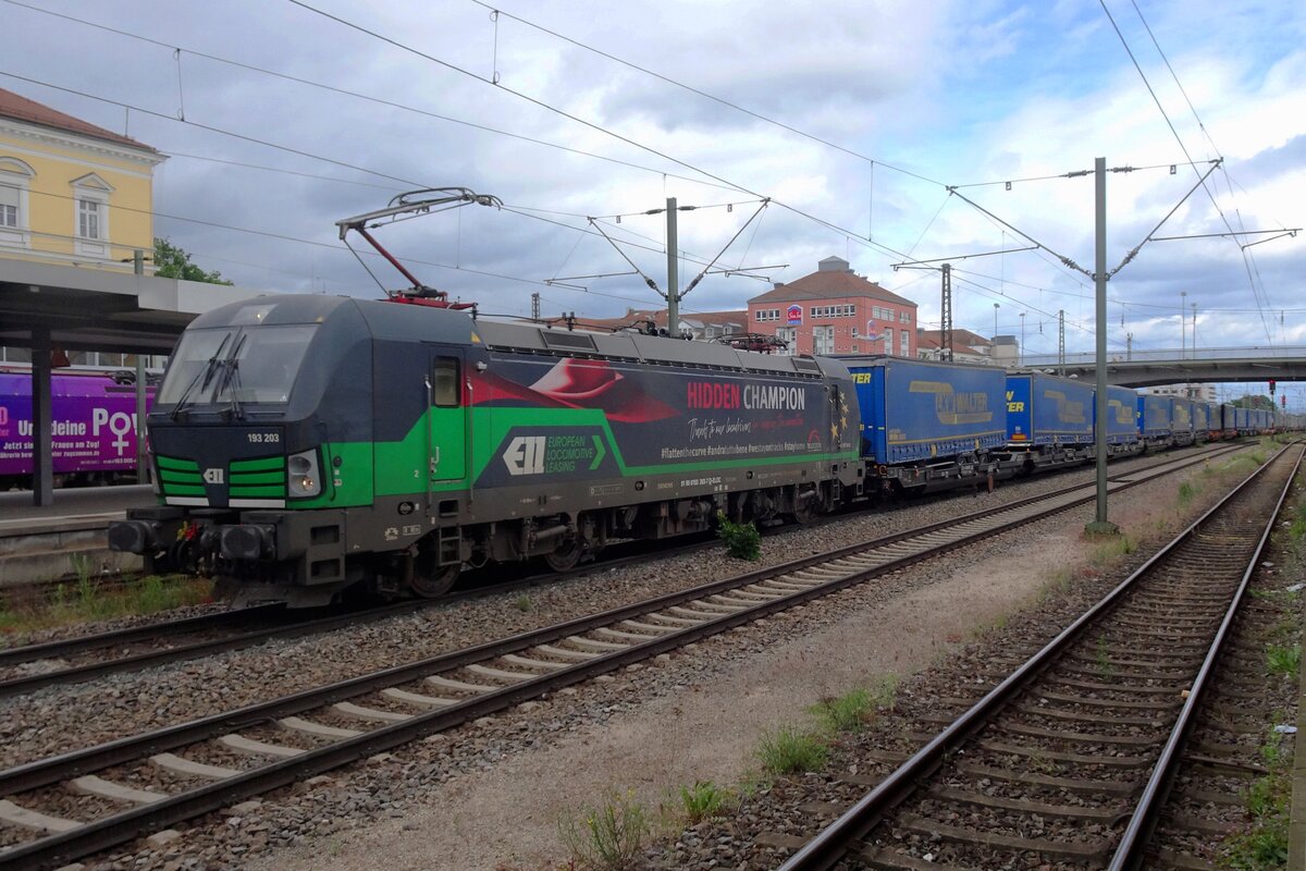 Murky conditions for TX Log 193 203 hauling an intermodal train through Regensburg Hbf on 27 May 2022.