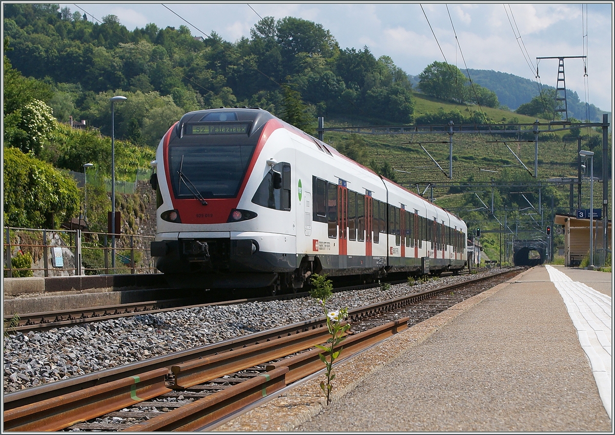 Near a flower on the plattform in Grandvaux makes the SBB RABe 523 019 a short stop. 
202.06.2014