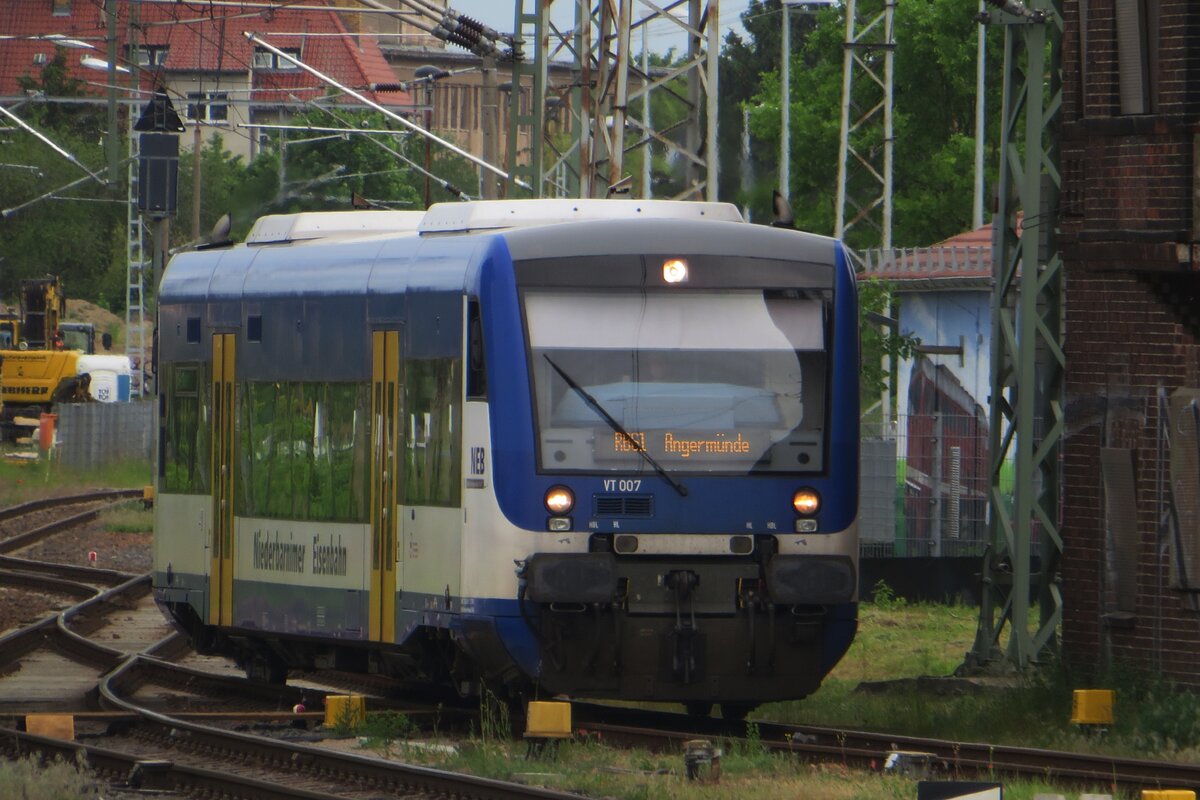 NEB VT 007 enters Angermünde on 23 May 2023 with an RB from Frankfurt-am-Oder.