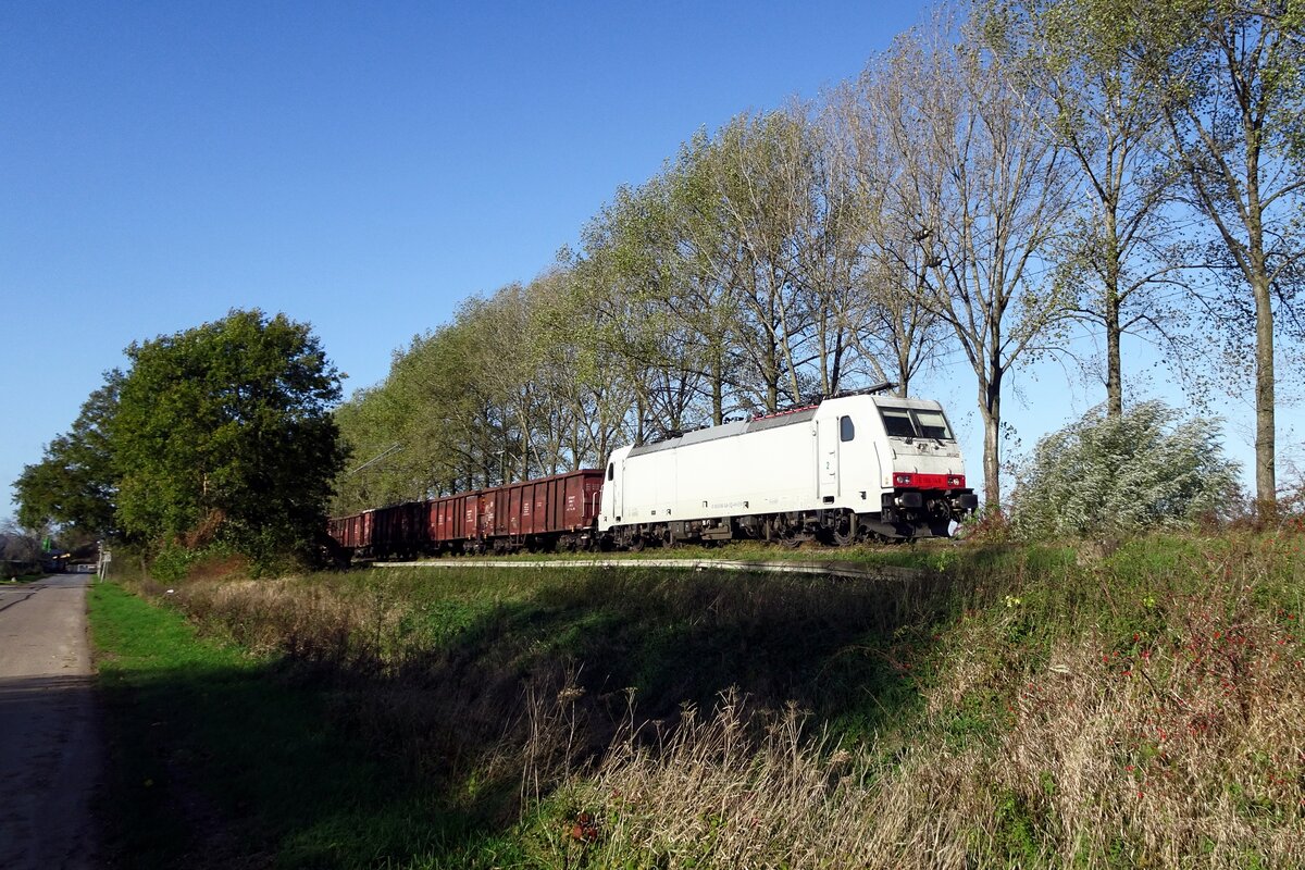NIAG 186 148 hauls a block train through Emmerich on 1 November 2022.