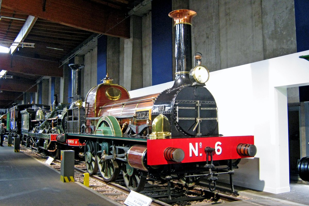 No.6 L'AIGLE (Eagle), one of a class of nine,  stands in the Cité du Train in Mulhouse on 30 May 2019. She was build in 1846 by Robert Stephenson for the Chemins du Fer d'Avignon-Marseille, that opened between 1847-1849 in sections. After AM was taken over by PLM, AIGLE became 206 until withdrawal in 1865. 