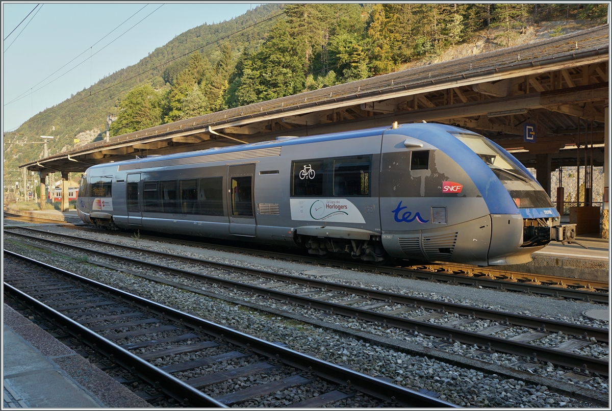 Not used of the  Ligne des Horlogers  (Besançon - Le Locle), the SNCF X 73755 is now the  TER 18136 from Vallorbe to Frasne.
The picture was made in Vallobe. 
21.07.2022 