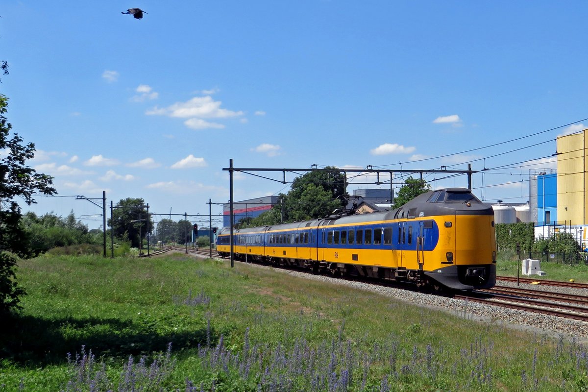 NS 4218 speeds through Barneveld Noord on 25 June 2020; the bird above left has seen enough and quits the scene...