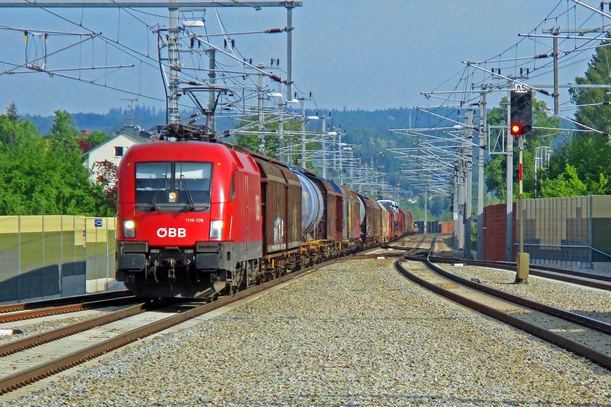 ÖBB 1116 120 is about to haul a freight through Schärding on 10 May 2018.