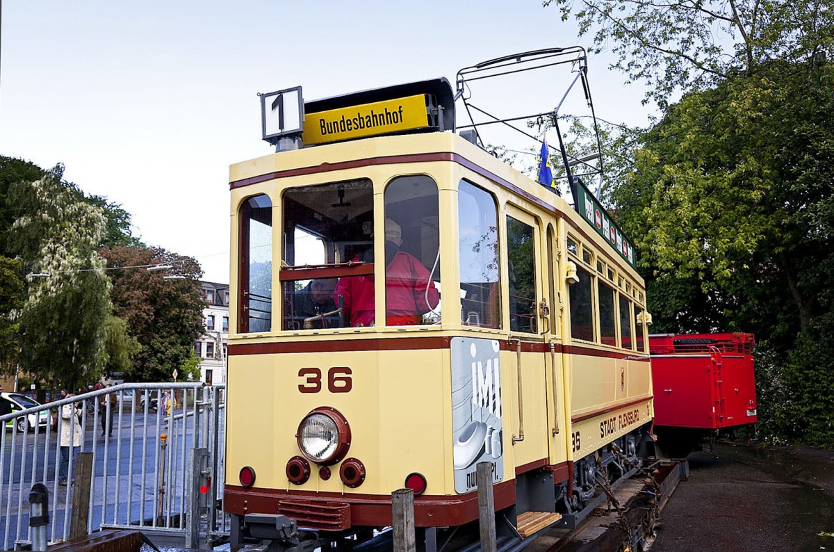 Old tram at the bus garage in Flensburg. 2. June 2012.