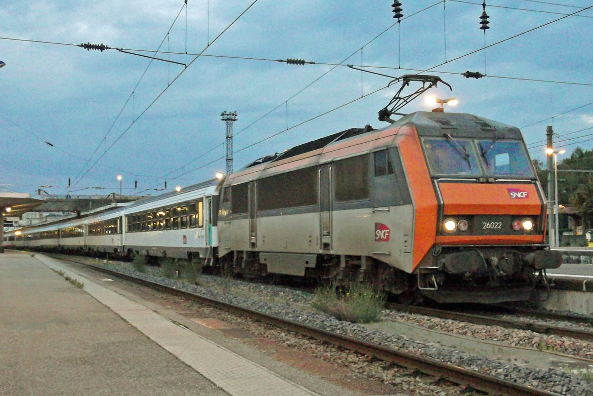 On 1 June 2014 SNCF 26022 stands with an overnight train to Cerbére in Mulhouse-Ville.