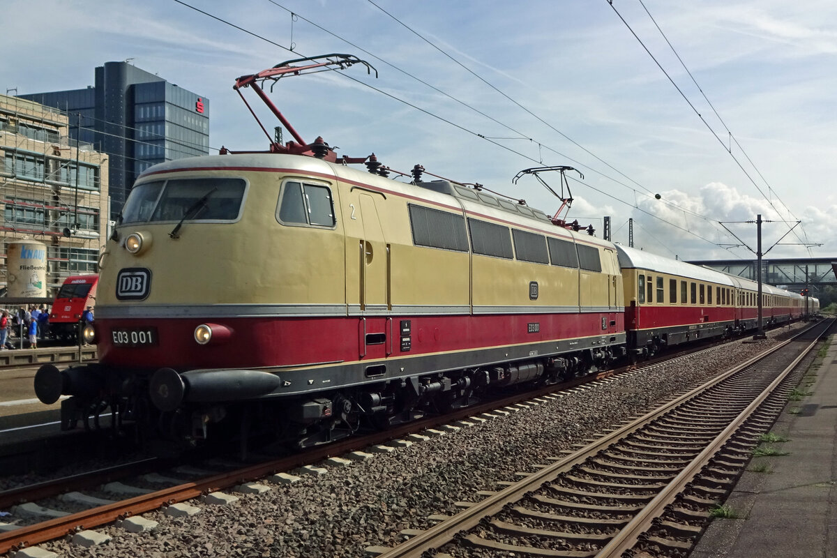 On 14 September 2019 E 03 001 stands with an extra train at Göppingen.