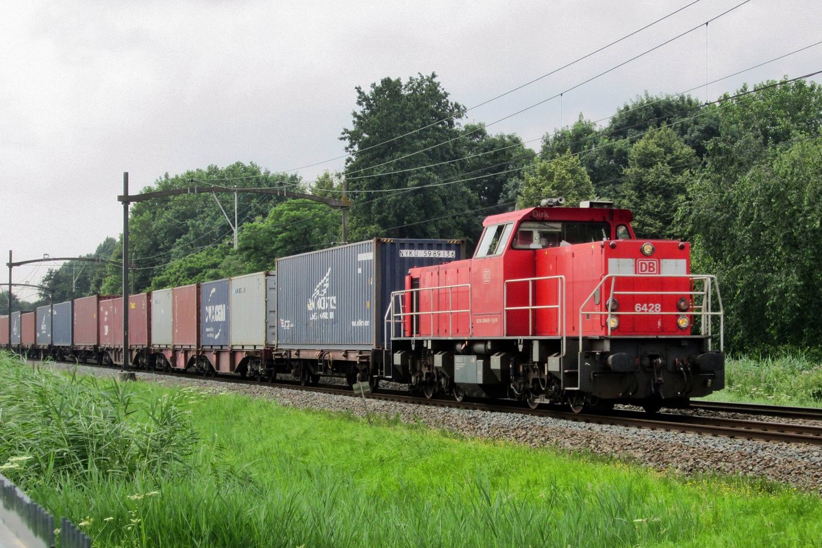 On 16 July 2016 DIRK, a.k.a. 6428, hauls a container train nearby Dordrecht-Zuid.
