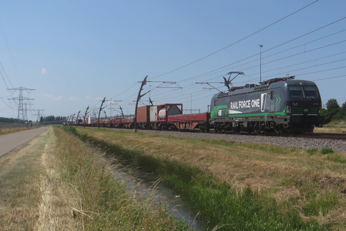 On 16 June 2023 RFO 193 954 hauls an intermodal train through Valburg. 