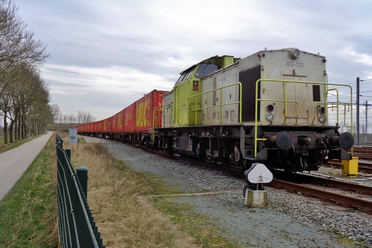 On 18 March 2018 CapTrain 203-103 shunts with a UBC container train at Lage Zwaluwe.