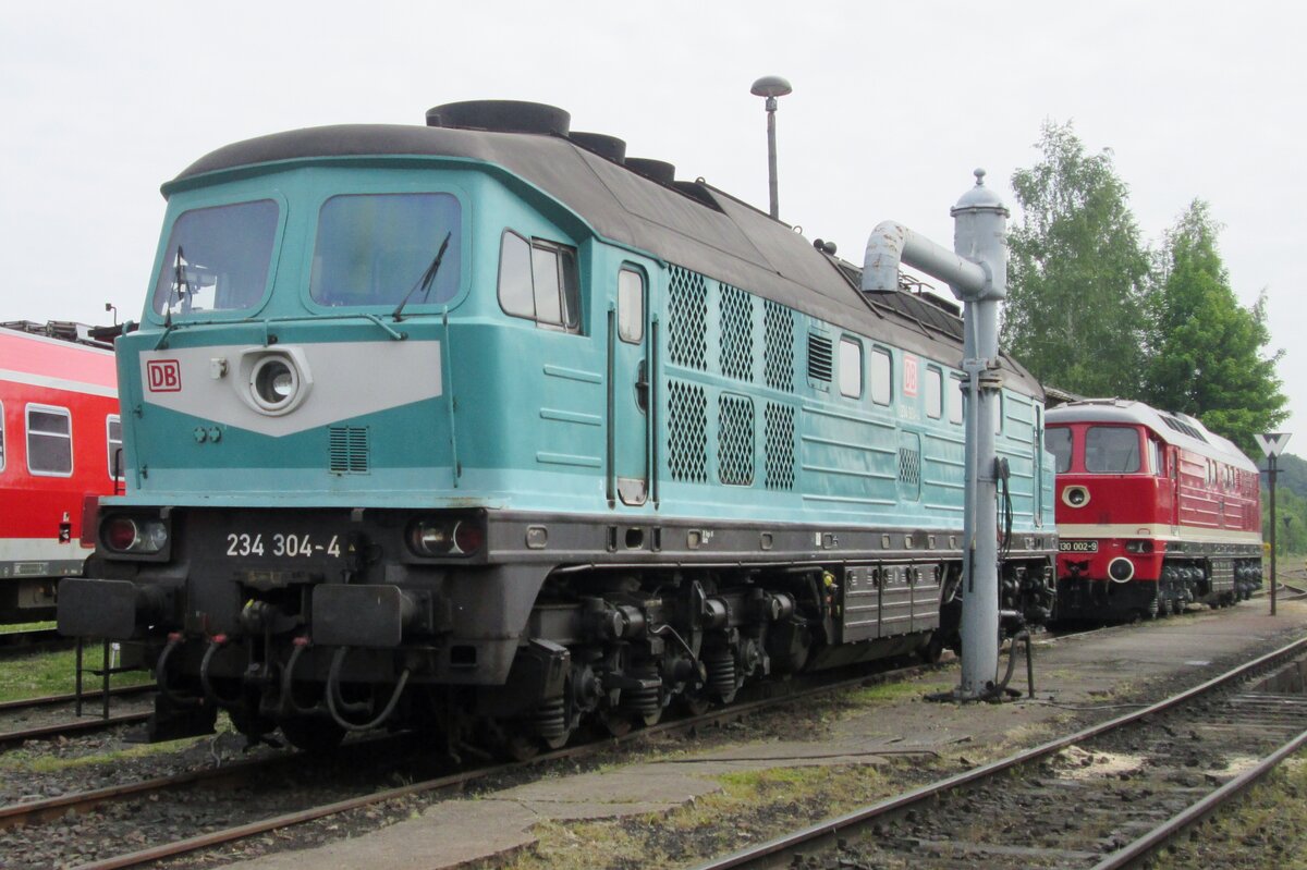 On 23 May 2015, one off 234 304 -the only loco in the 1990s DB regio mint green- stands in the Bw Nossen. With the sectorisation of the locomotive fleet in branches DB Fernverkehr, DB Regio and DB Cargo, some thoughts were comtemplated about ending the DB corporate identity and giving the locos the colours of their branch. The only effect was 234 304 that carries the the mint green of the DB Regio coaches. From 1998 however, traffic red was chosen as the new DB corporate identity, making 234 304 a one-off.