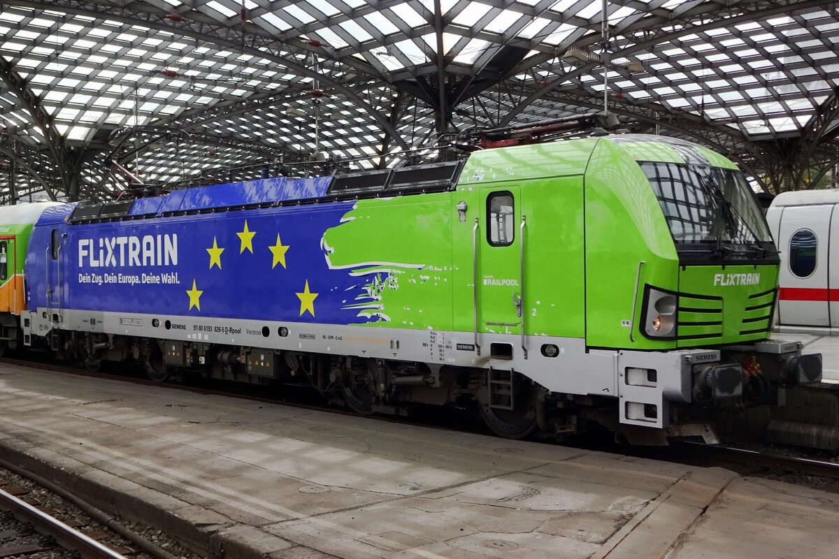 On 23 September 2019 FlixTrain 193 826, standing in Köln Hbf, invited the viewer to take part in European elections.