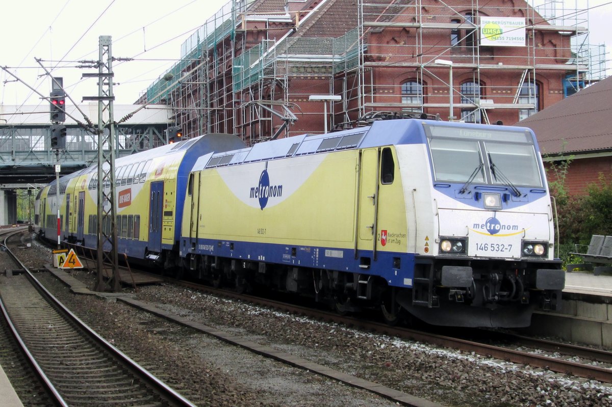 On 25 September 2014 Metronom 146 532 stands ready for departure at Hamburg-Harburg.