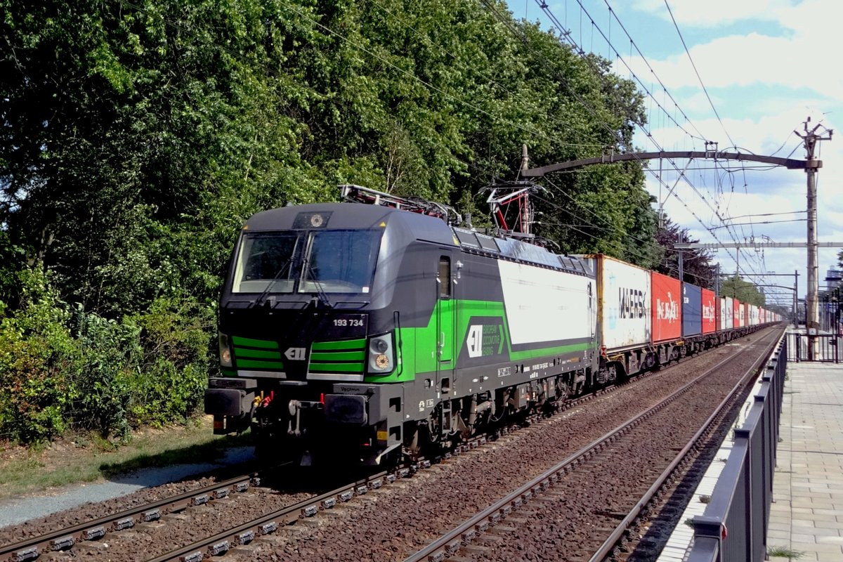 On 26 July 2019 LTE 193 734 hauls an intermodal train through Tilburg-Universiteit.