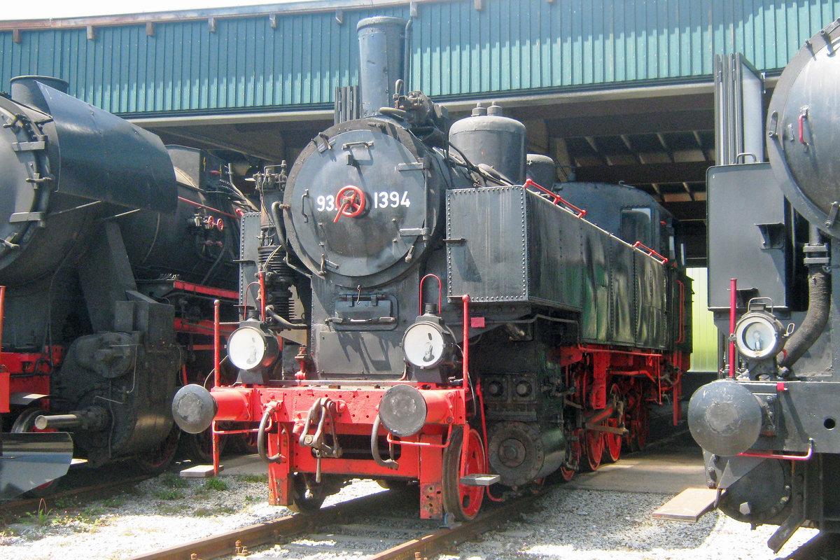 On 27 May 2012 BBÖ 93.1394 stands in the loco shed at the Lokpark Ampflwang.