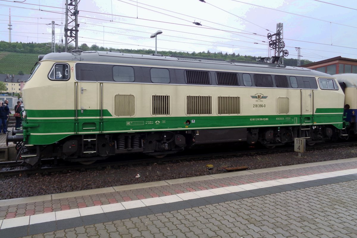 On 28 April 2018 BrohltalBahn 218 396 stands at Trier.