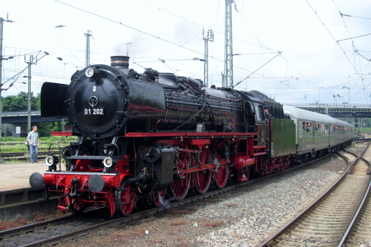On 29 May 2014 Swiss 01 202 hauls a special train from Mannheim Hbf during a great Dampfspektakel in Rhineland-Palatinate. 