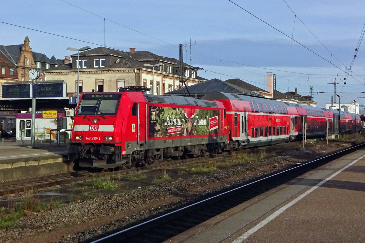 On 3 January 2020, the Schwarzwaldbahn, headed by 146 239, leaves Offenburg. On the route Offenburg--Singen, each hour this connection shows up with many a chance to get an advertising loco. 